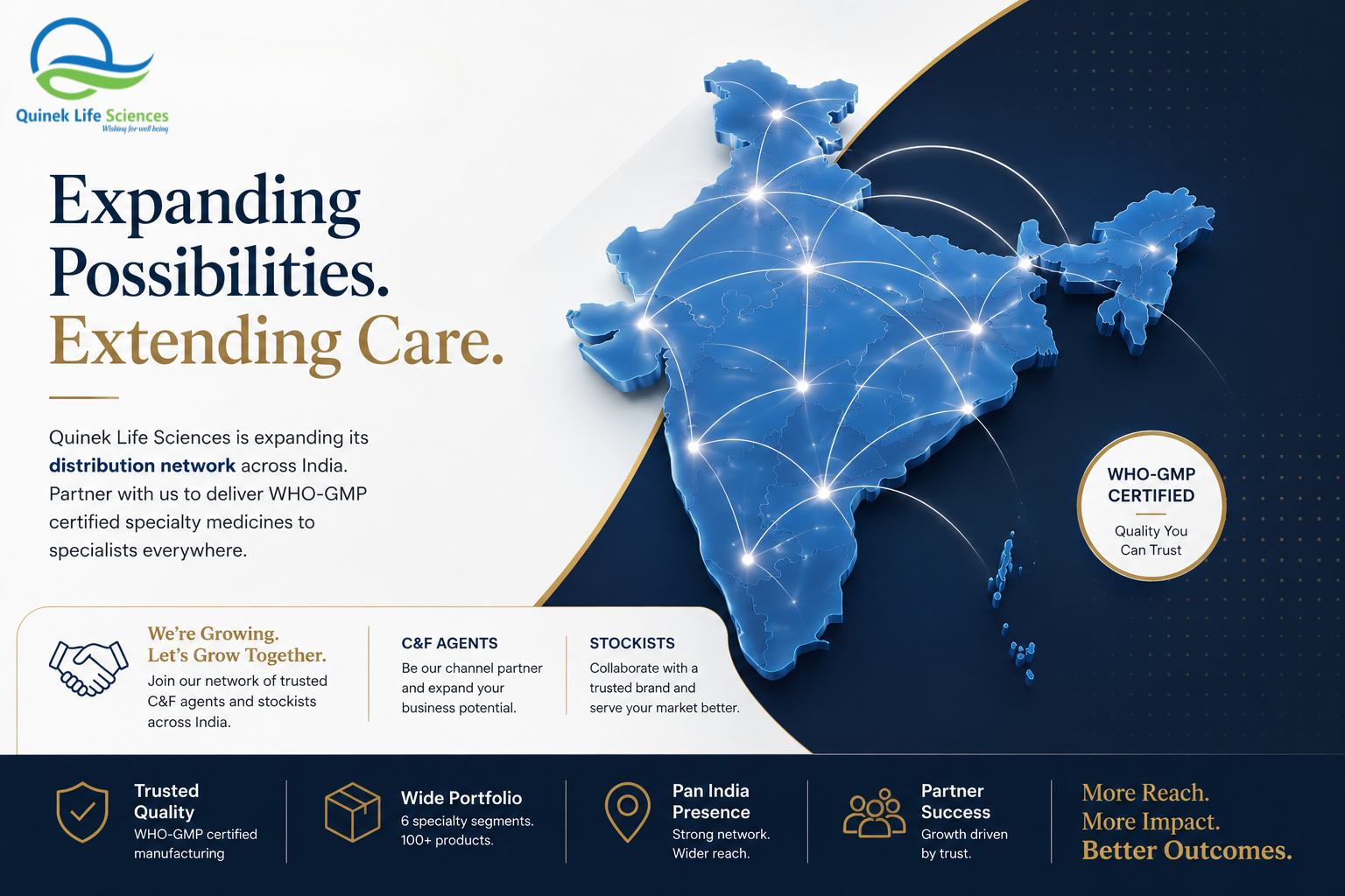 Quinek Life Sciences is expanding its C&F agent and stockist network across India — bringing WHO-GMP certified specialty medicines closer to specialists everywhere.