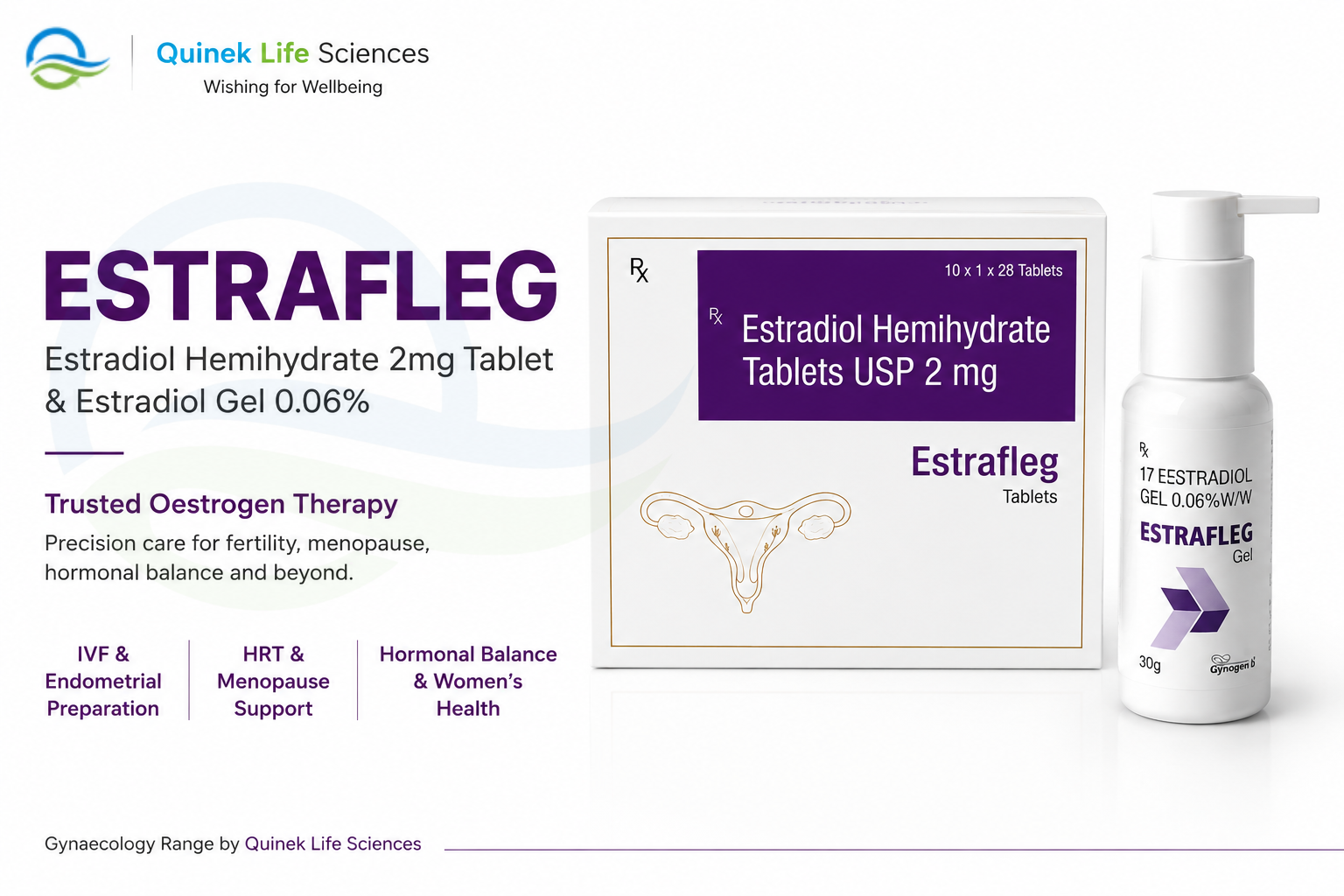 Estrafleg Estradiol Hemihydrate 2mg tablet and gel — IVF endometrial preparation and HRT by Quinek Life Sciences India