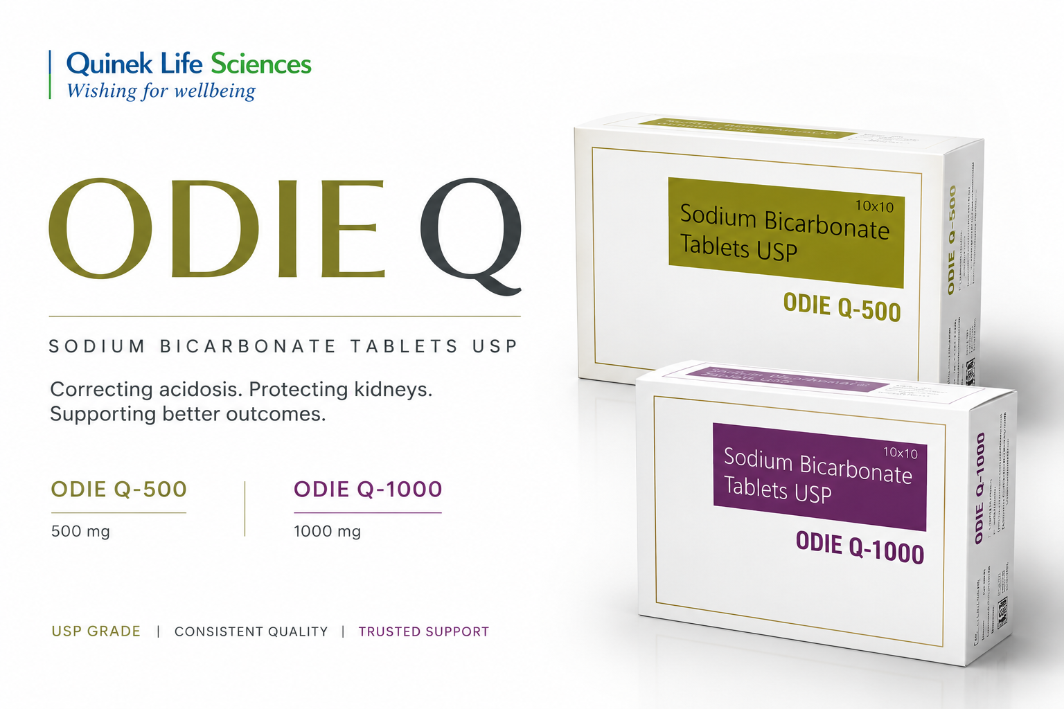 ODIE Q 500 and ODIE Q 1000 USP grade Sodium Bicarbonate tablets for CKD metabolic acidosis and kidney stone prevention by Quinek Life Sciences India