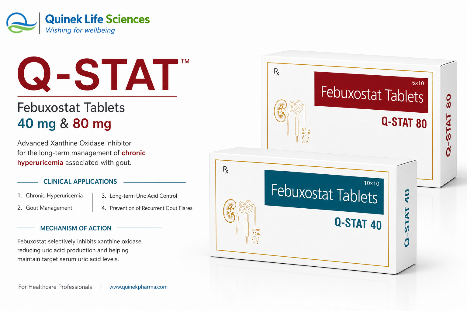 Q-STAT 40 and Q-STAT 80 Febuxostat 40mg and 80mg tablets for gout and uric acid reduction by Quinek Life Sciences India