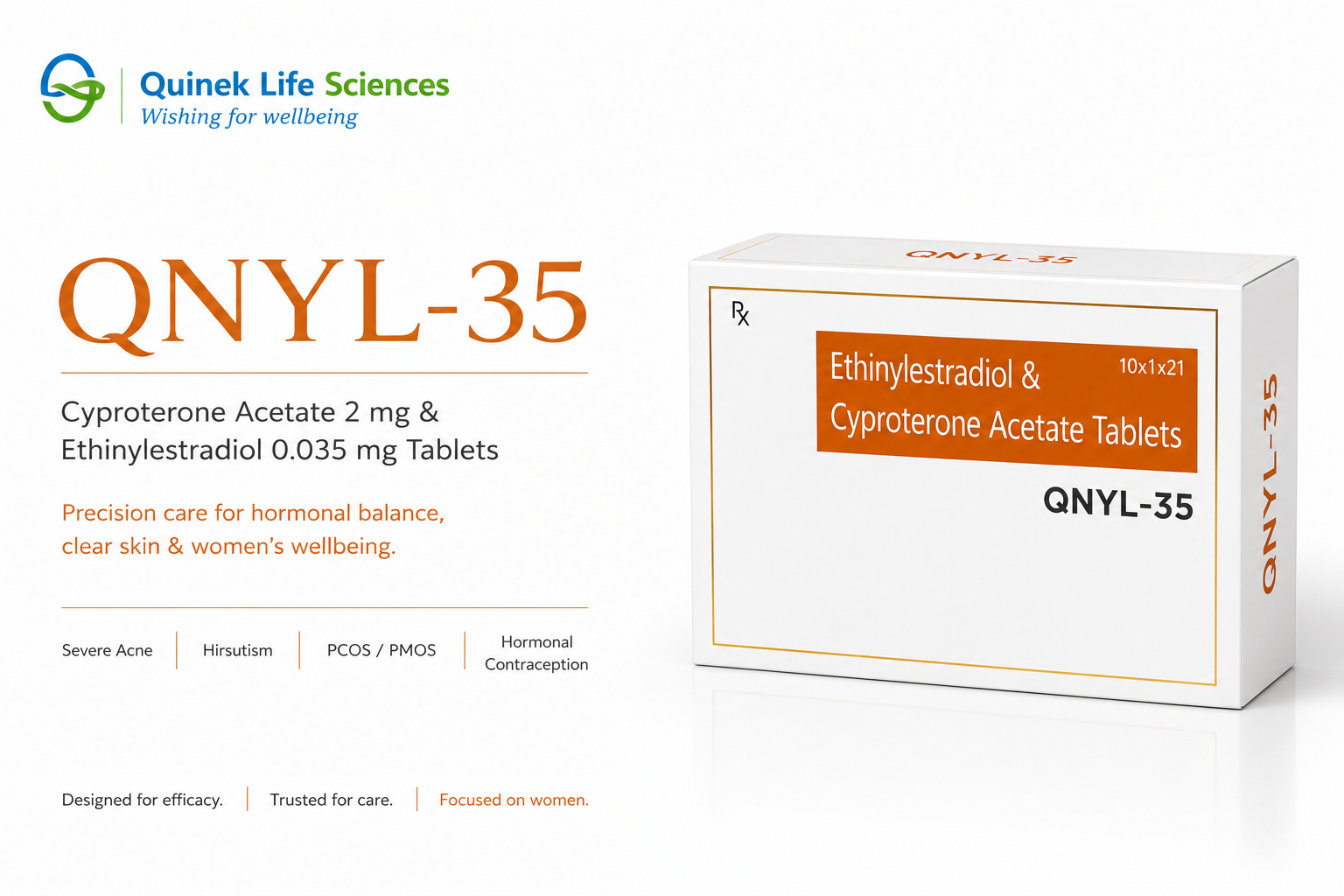 QNYL-35 Cyproterone Acetate 2mg Ethinylestradiol 0.035mg tablet for acne hirsutism and PCOS treatment by Quinek Life Sciences India