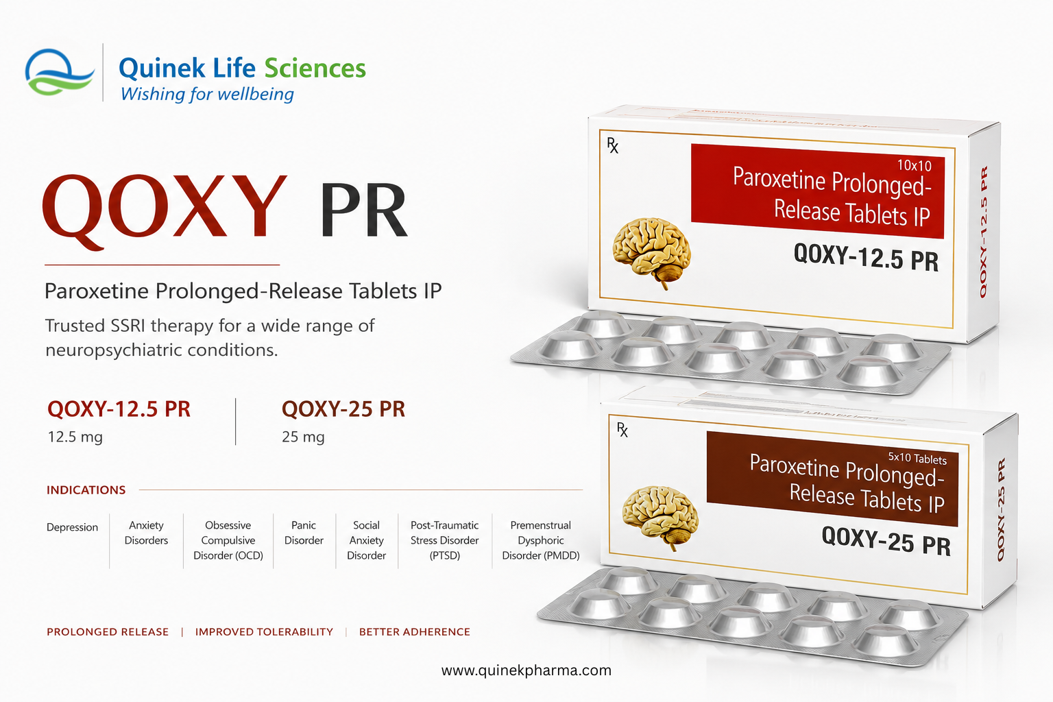 QOXY PR Paroxetine 12.5mg and 25mg Prolonged Release tablets for depression anxiety OCD and panic disorder by Quinek Life Sciences India