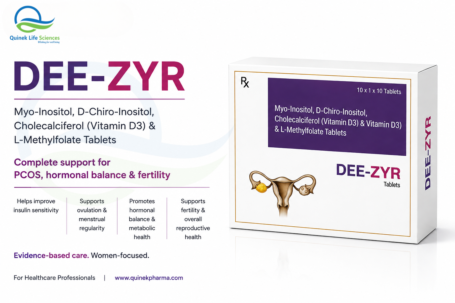 DEE ZYR Myo-Inositol D-Chiro-Inositol L-Methylfolate Vitamin D3 for PCOS insulin resistance and fertility by Quinek Life Sciences India