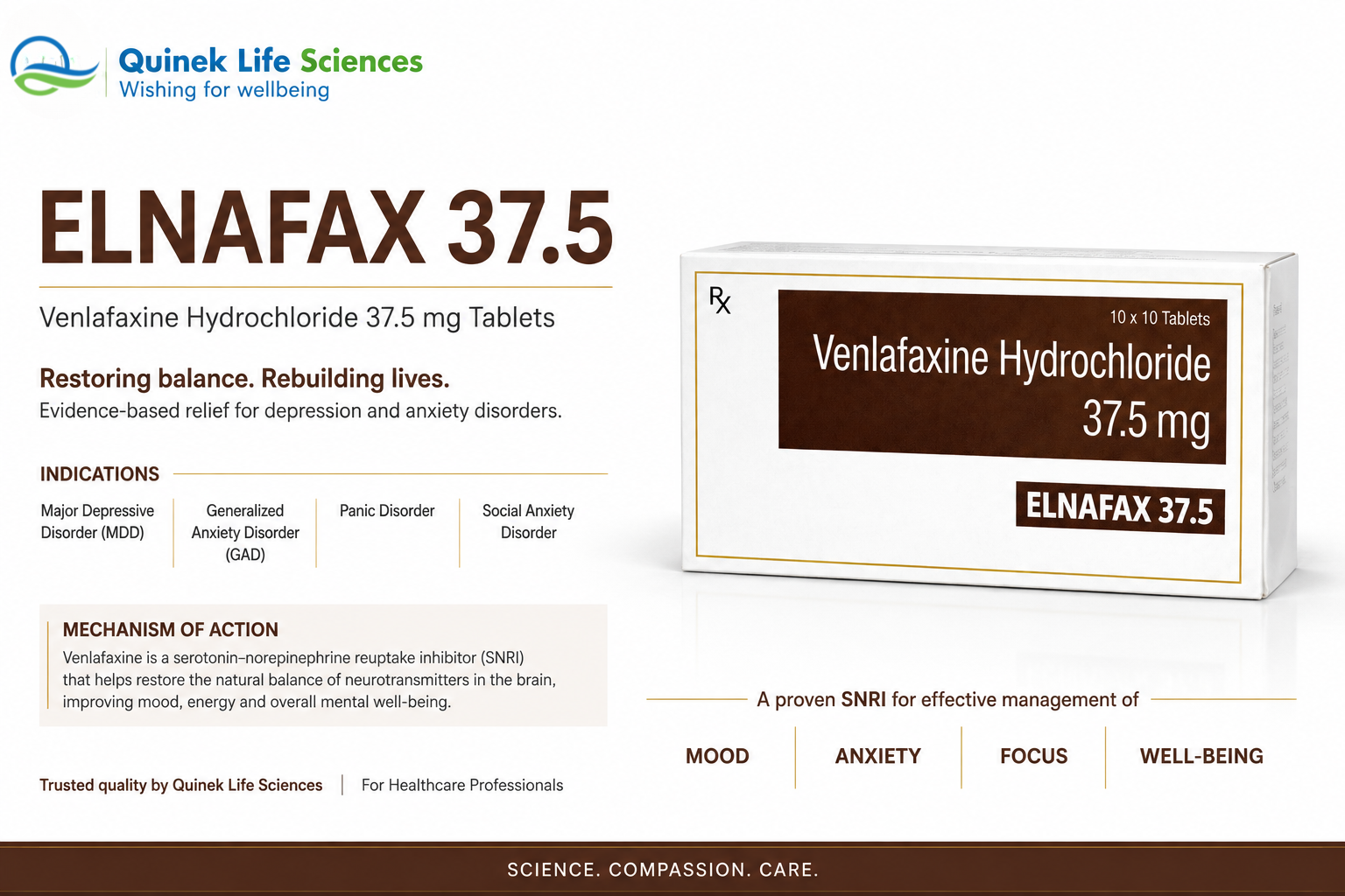ELNAFAX 37.5 Venlafaxine Hydrochloride 37.5mg SNRI tablet for depression anxiety and panic disorder by Quinek Life Sciences India