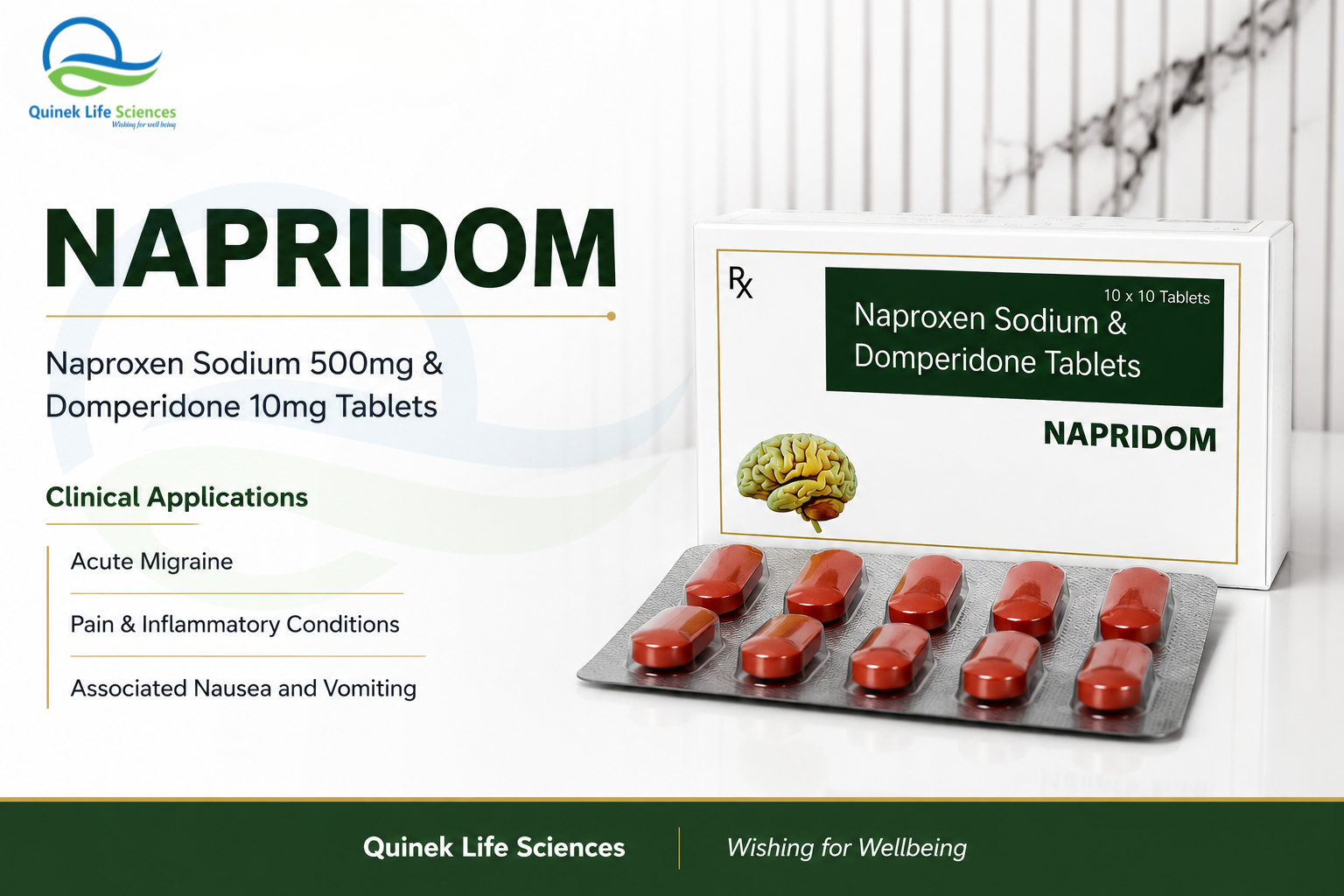 NAPRIDOM Naproxen 500mg Domperidone 10mg tablet for migraine acute pain and nausea relief by Quinek Life Sciences India
