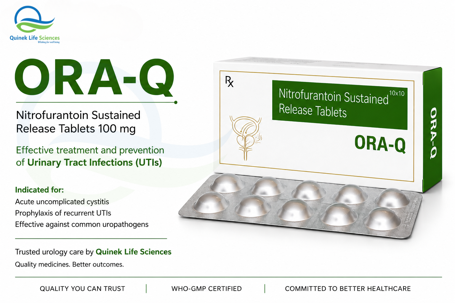 ORA-Q Nitrofurantoin Sustained Release 100mg tablet for UTI urinary tract infection treatment by Quinek Life Sciences India
